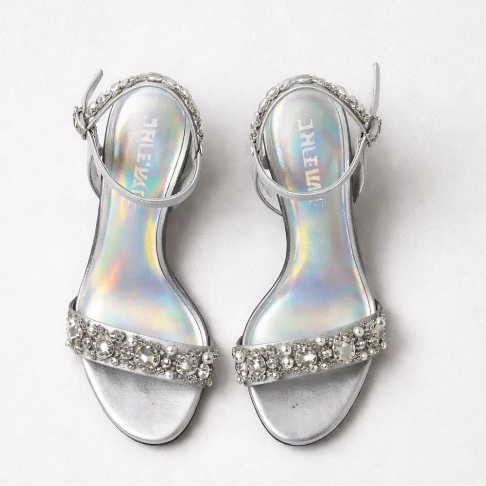 KARL LAGERFELD Silver Paris Calista rhinestones Ankle-Strap Heels Sandals Size 7